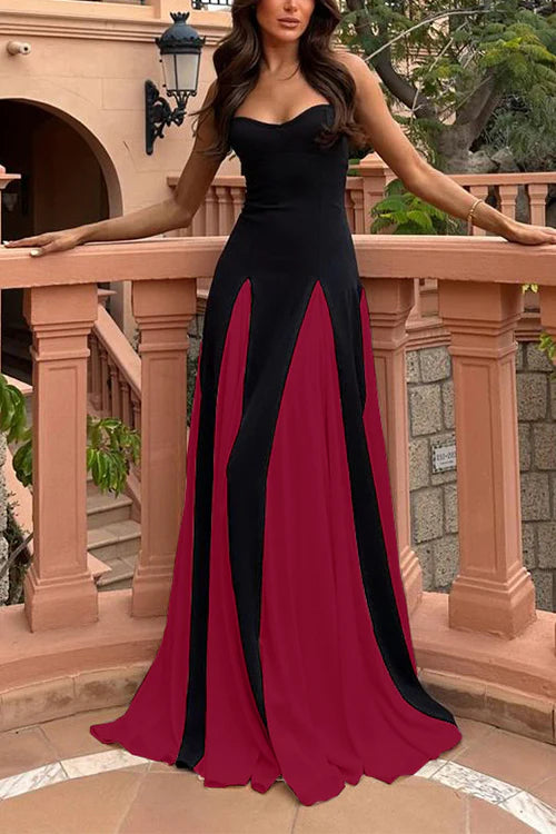 ChromaChic™ - Spaghetti Strap Color Block Swing Maxi Party Dress